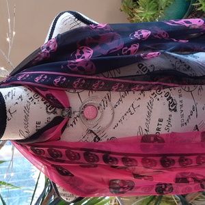 Pink & black skull scarf with pink stone & silver embellishments
